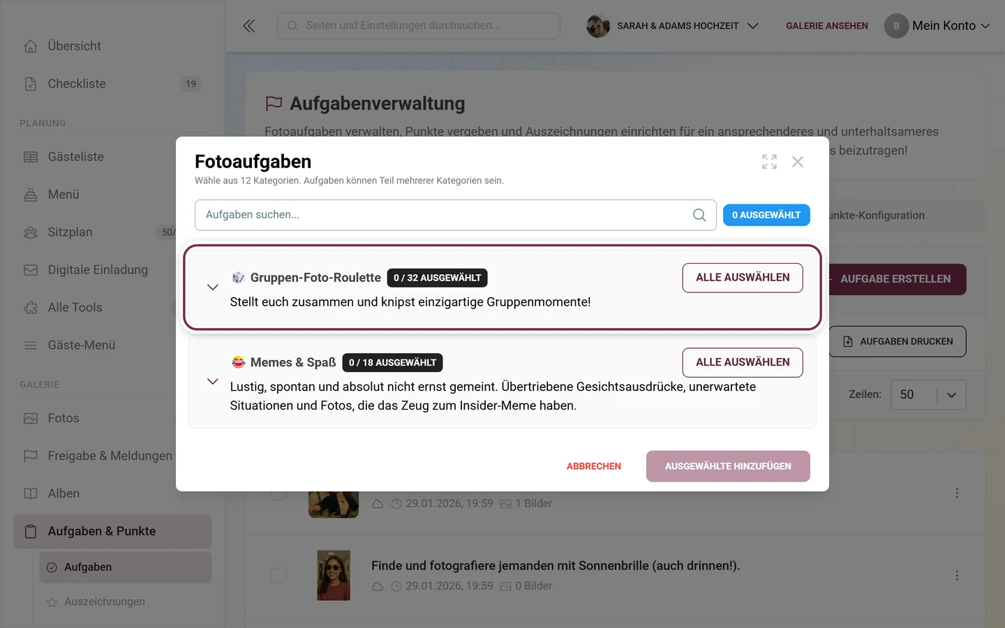 Dialog Fotoaufgaben mit Suchfeld und rot markierter erster Kategoriezeile