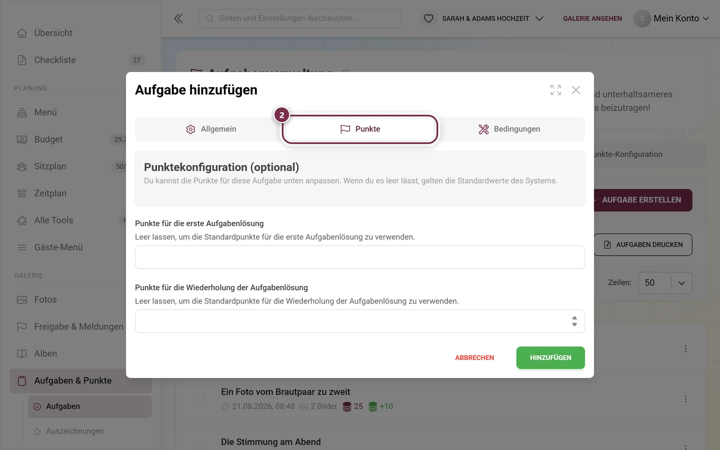 Aufgaben-Editor mit rot markiertem Reiter Punkte und den zwei Punktefeldern darunter