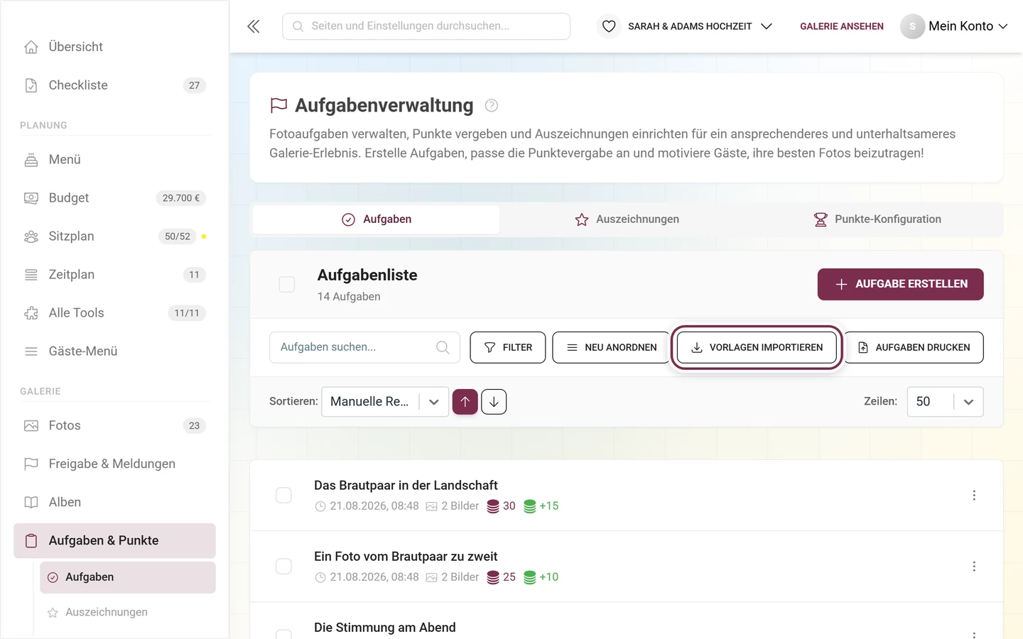 Werkzeugleiste der Aufgabenverwaltung mit rot markiertem Knopf Vorlagen importieren