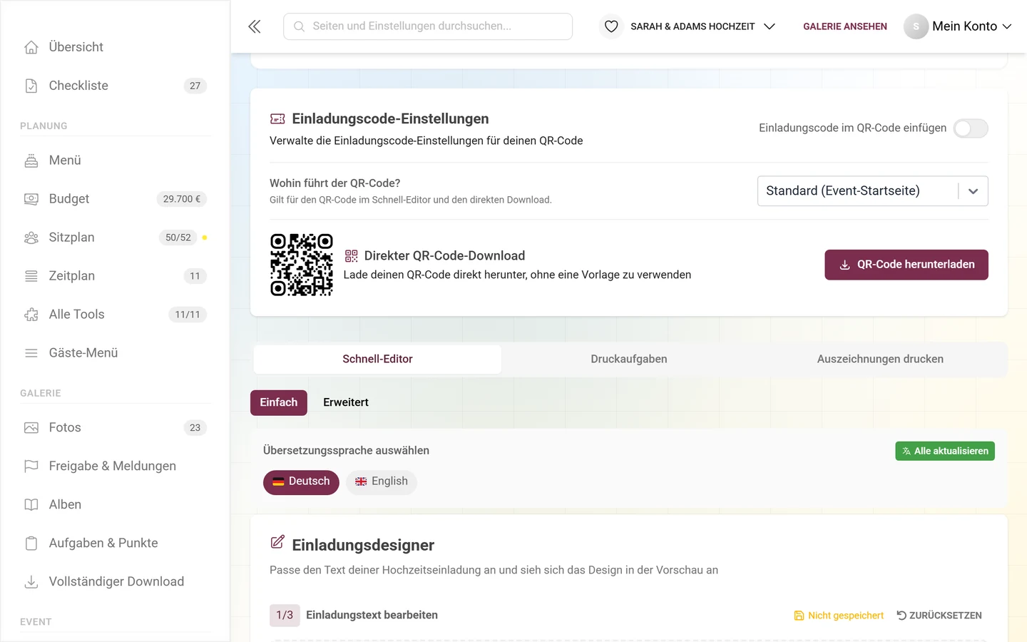 Druckvorlage mit QR-Code und eingedrucktem Einladungscode