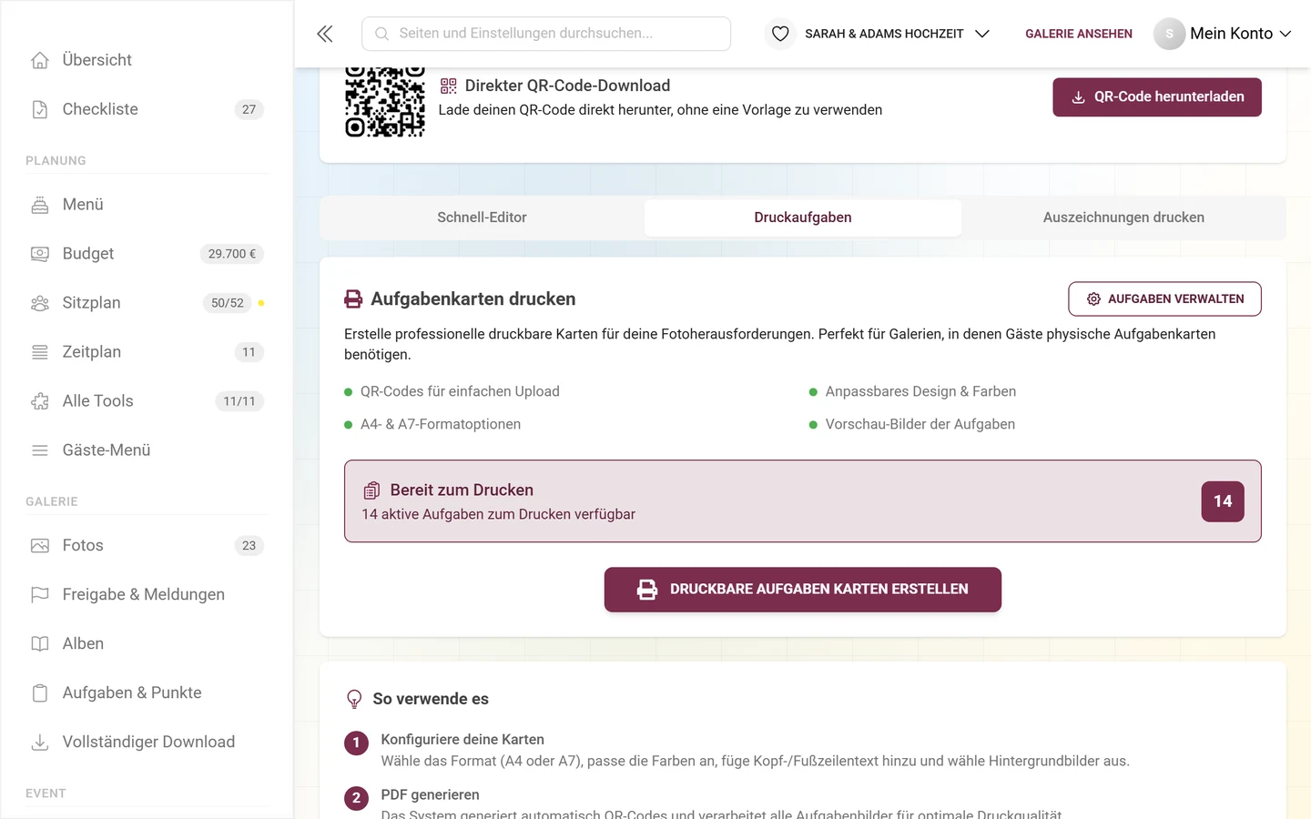 Reiter Druckaufgaben mit der Karte Aufgabenkarten drucken