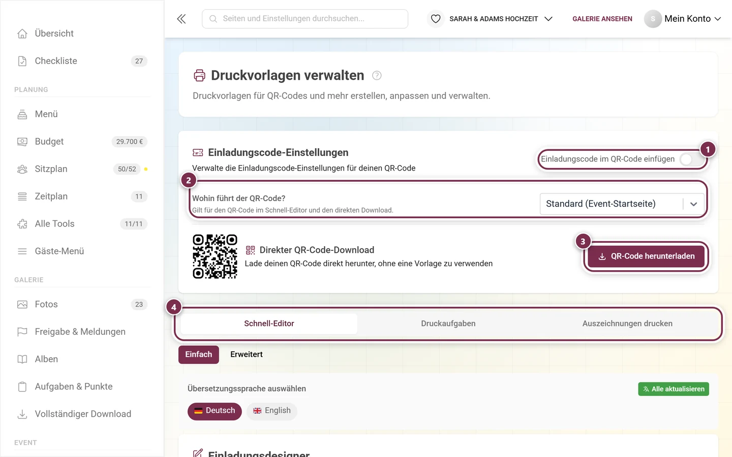 Seite Druckvorlagen mit markiertem Einladungscode-Schalter, QR-Ziel, Download-Knopf und Reitern