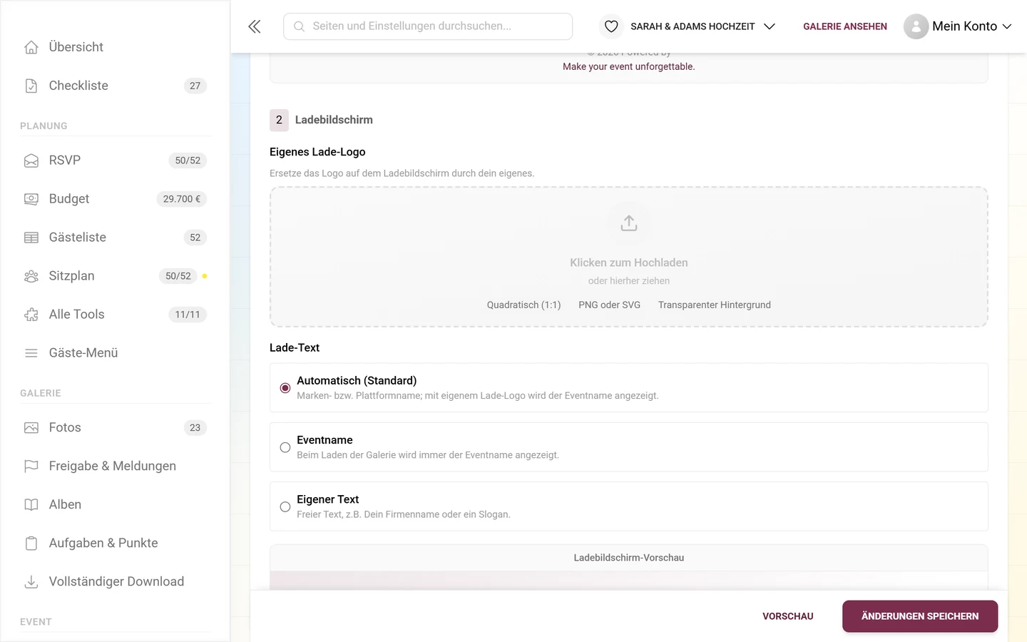 Block 2 Ladebildschirm mit Ablagefläche fürs Logo und den drei Optionen des Lade-Textes