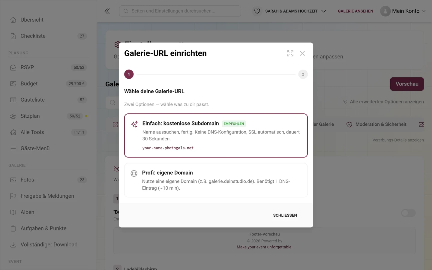 Assistent zum Einrichten einer eigenen Galerie-URL