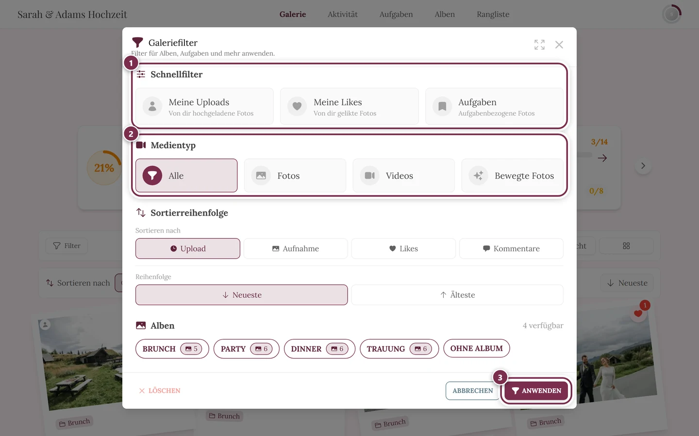 Filter-Panel mit den Abschnitten Schnellfilter, Medientyp, Sortierreihenfolge und Alben