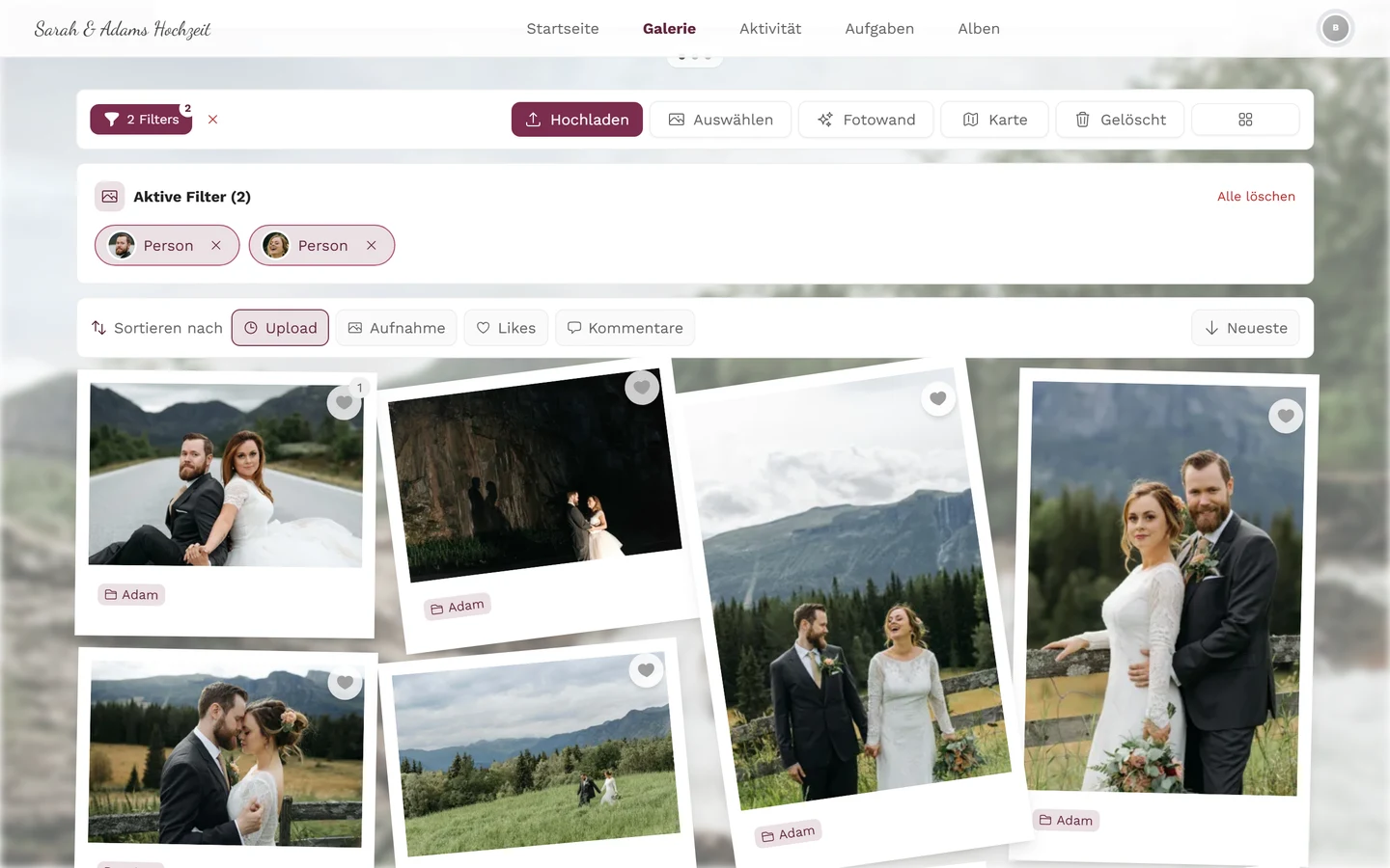 Kasten Aktive Filter über der Galerie mit zwei Personen-Chips und dem Link Alle löschen