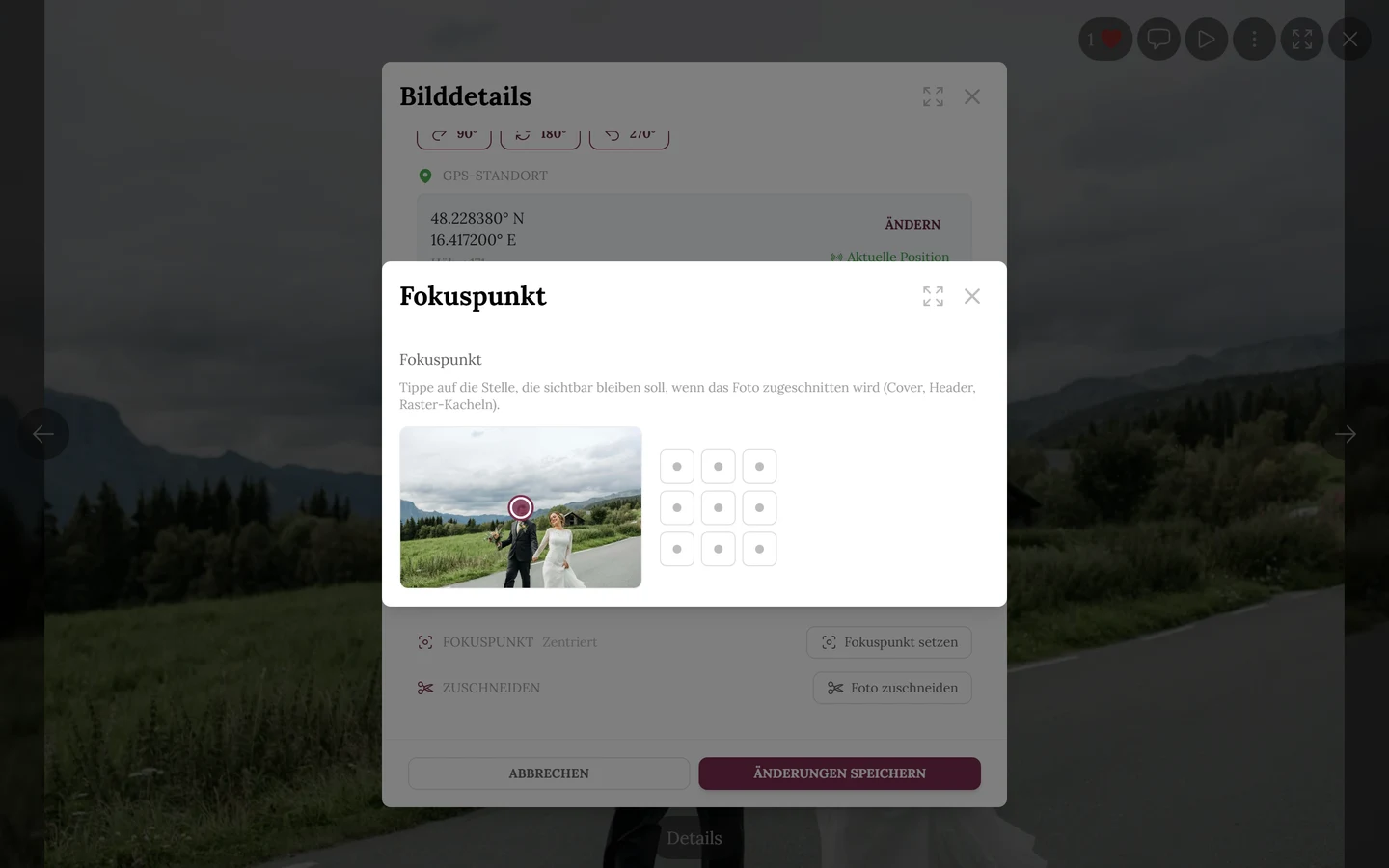 Popup Fokuspunkt mit Vorschaubild, Markierung und dem Raster aus neun Feldern