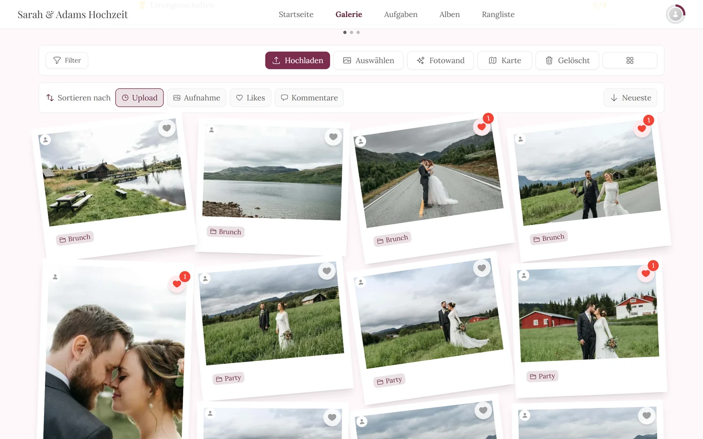 Schnell-Sortierleiste über dem Foto-Raster mit Upload, Aufnahme, Likes und Richtungspfeil