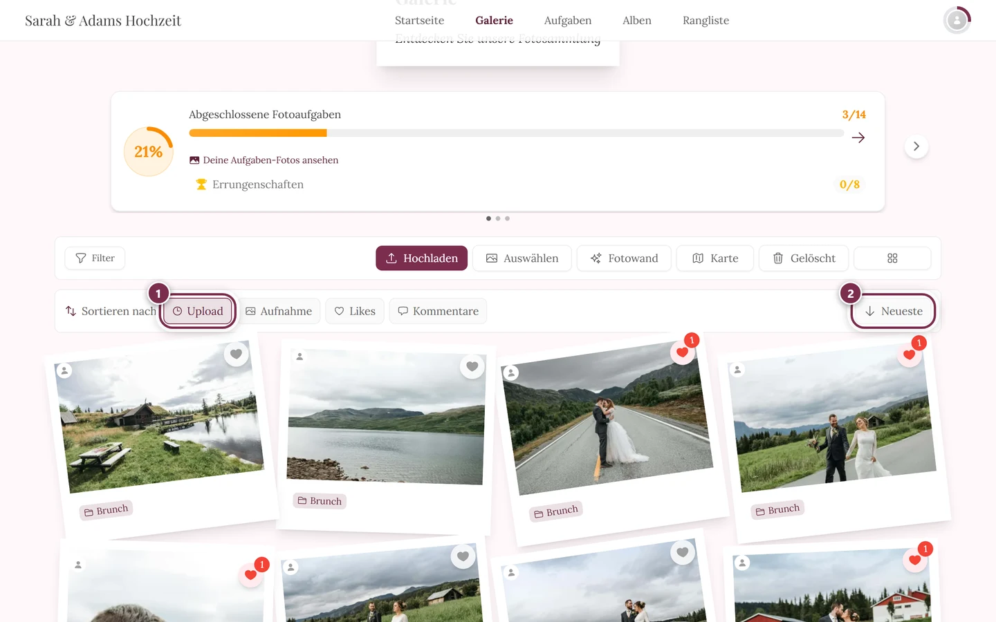 Sortierleiste über den Fotos, Sortierkriterium und Richtungsknopf markiert