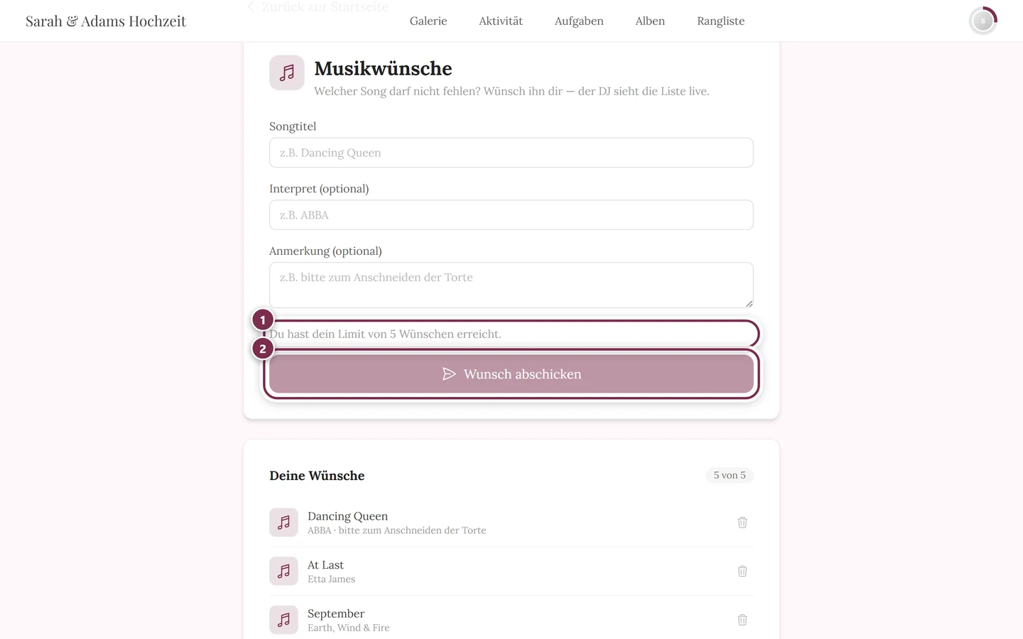 Formular mit grauem Knopf und dem Hinweis Du hast dein Limit von 5 Wünschen erreicht