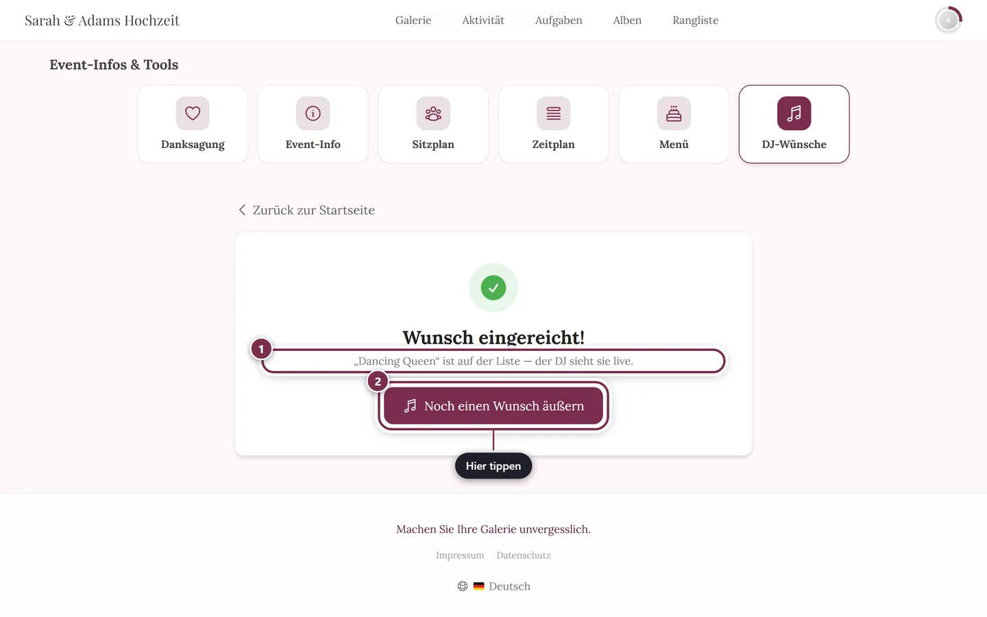 Bestätigung Wunsch eingereicht mit grünem Häkchen und dem Knopf Noch einen Wunsch äußern
