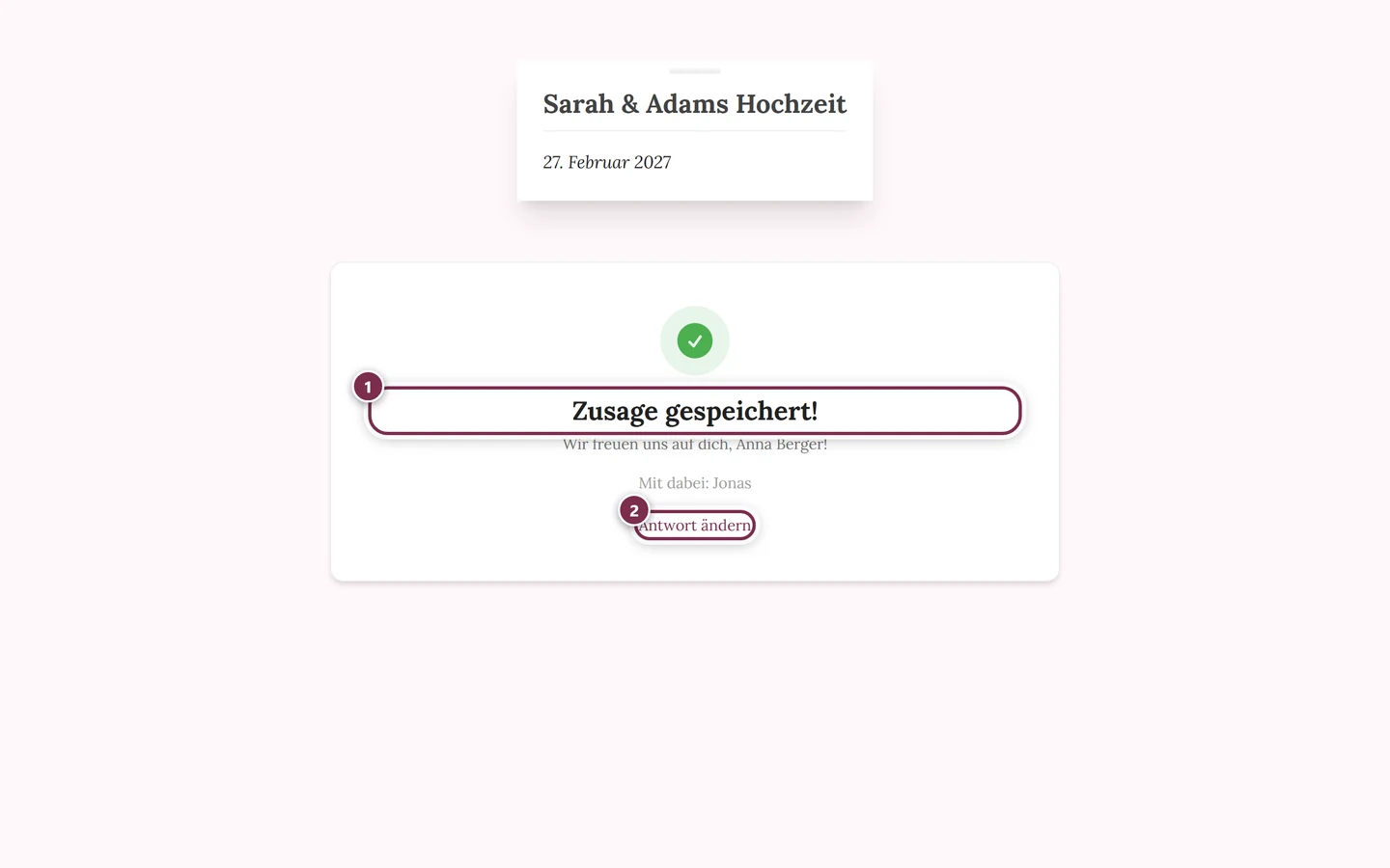 Bestätigungsseite mit der Überschrift Zusage gespeichert und dem Knopf Antwort ändern
