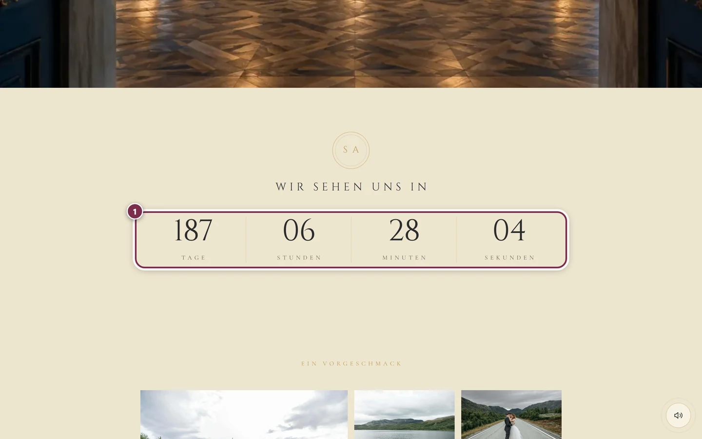 Countdown-Abschnitt der Einladung mit dem Ring um die Zahlenfelder für Tage, Stunden und Minuten