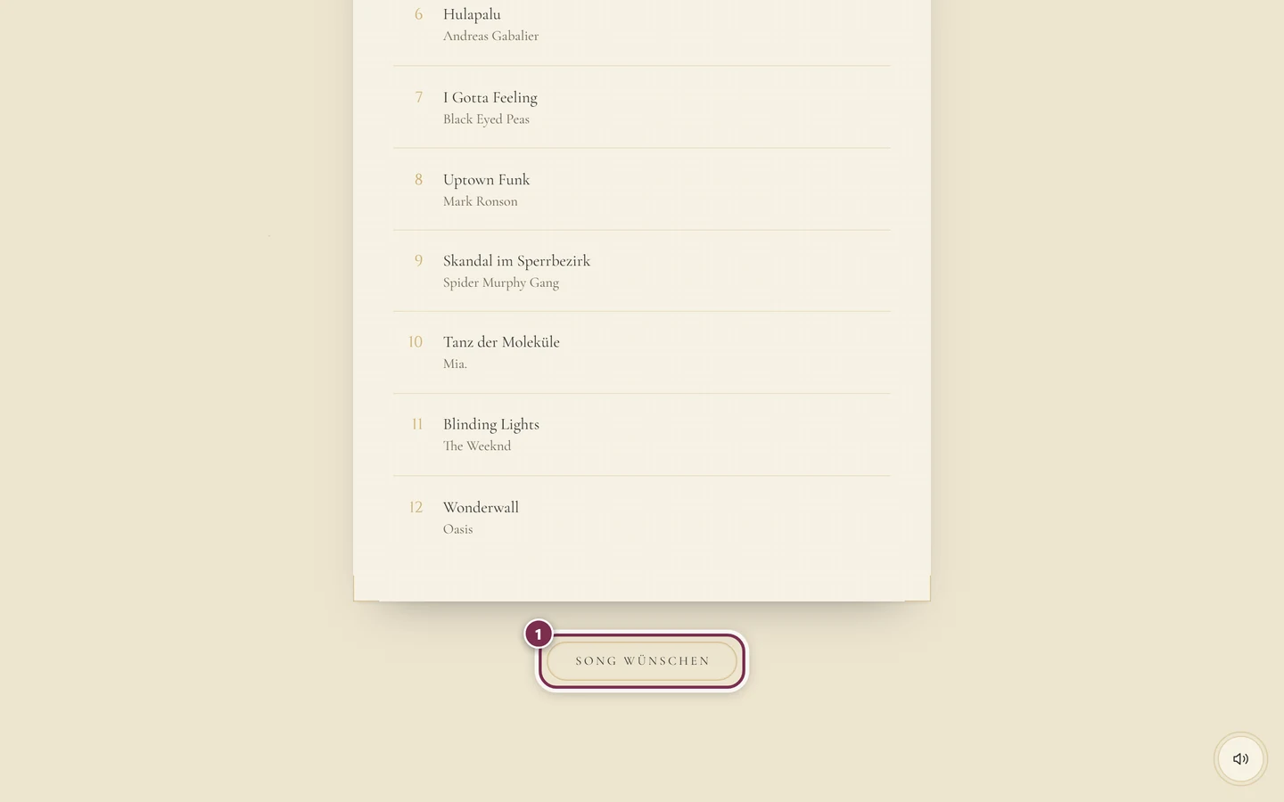 Abschnitt Unsere Playlist in der Einladung mit nummerierter Songliste und dem Knopf Song wünschen