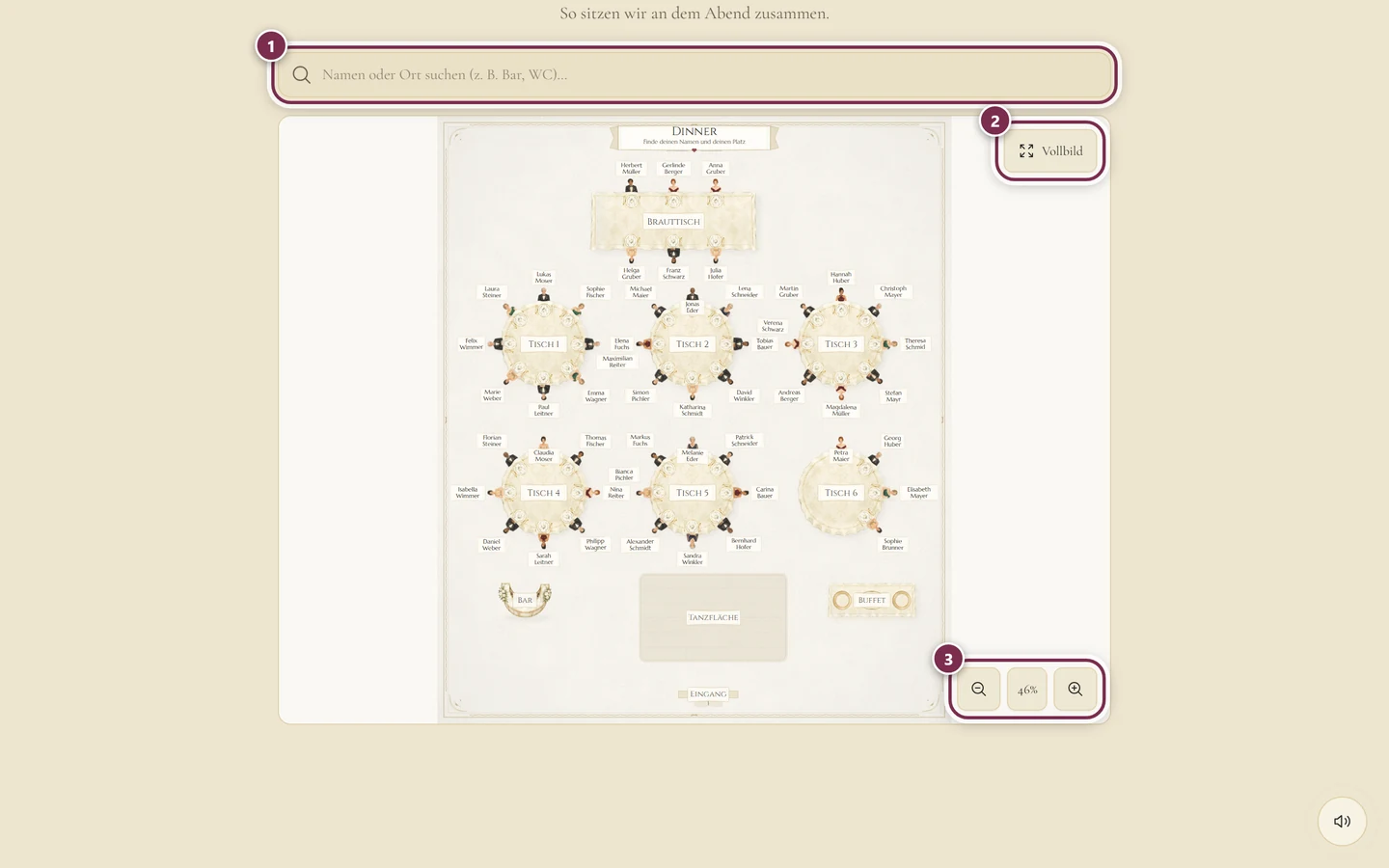 Eingebetteter Sitzplan in der Einladung mit Ringen um Suchfeld, Vollbild und die Zoom-Knöpfe