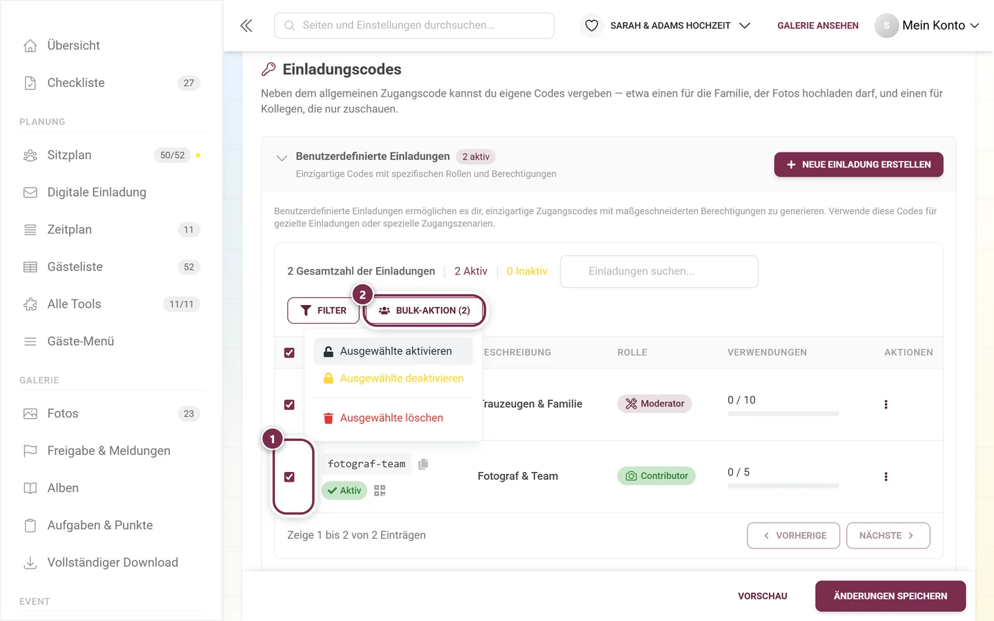Zwei ausgewählte Zeilen und das geöffnete Menü Bulk-Aktion mit drei Einträgen