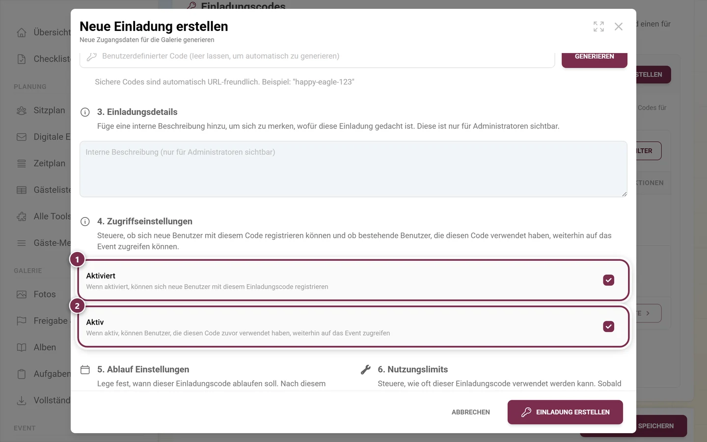 Abschnitt 4 des Dialogs mit den beiden Häkchen Aktiviert und Aktiv