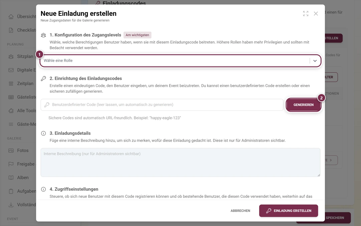 Anlege-Dialog mit dem Rollen-Auswahlfeld und dem Knopf Generieren