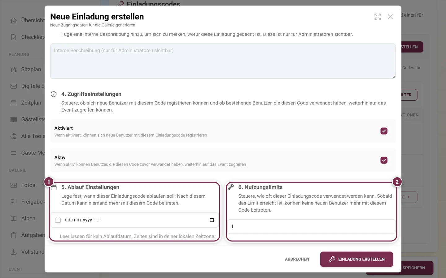 Abschnitte 5 und 6 des Dialogs nebeneinander: Ablaufdatum leer, Nutzungslimit auf 1
