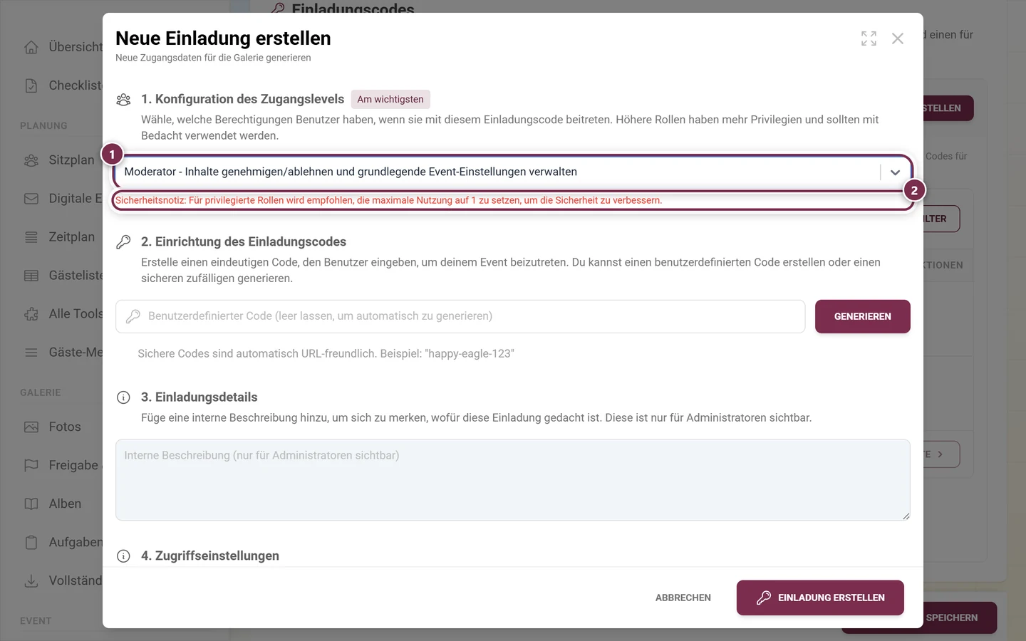 Anlege-Dialog mit gewählter Rolle Moderator und der roten Sicherheitsnotiz darunter