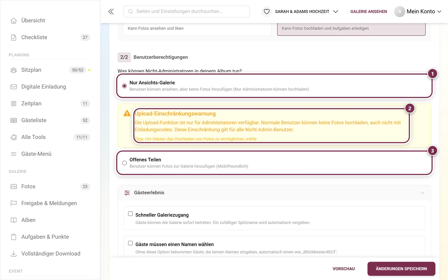 Abschnitt Benutzerberechtigungen mit gewählter Option Nur Ansichts-Galerie und der gelben Upload-Einschränkungswarnung