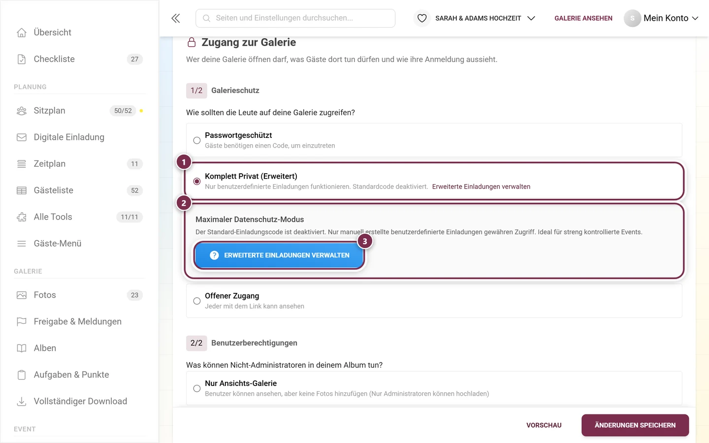 Galerieschutz mit gewählter Option Komplett Privat und der Info-Box Maximaler Datenschutz-Modus