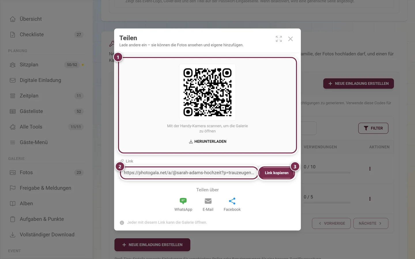 Dialog Teilen mit QR-Code, Herunterladen-Knopf, Link-Feld und Link kopieren