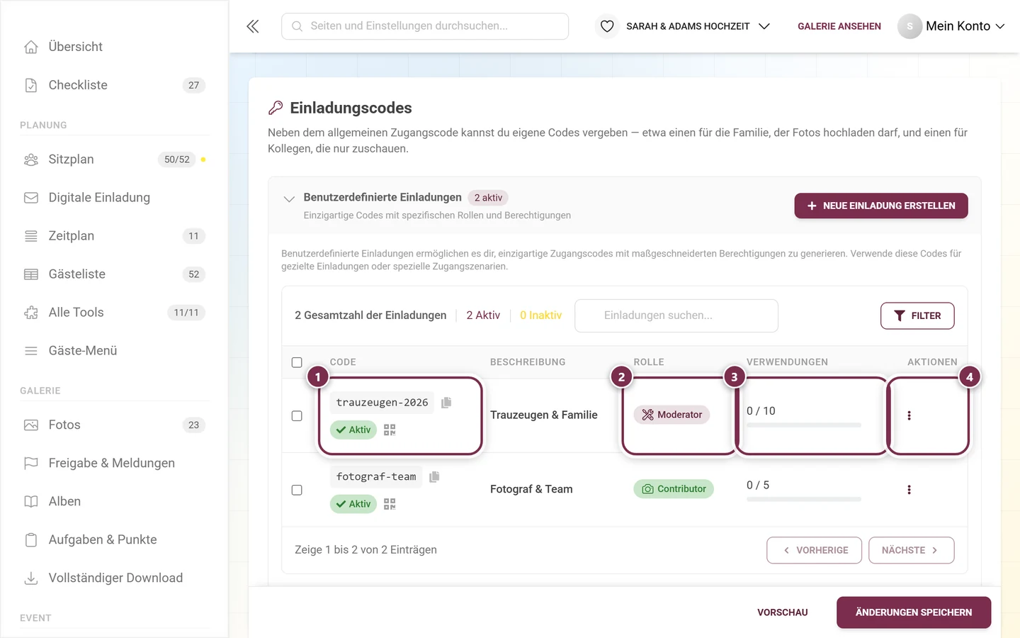 Tabelle der Einladungscodes mit markierter Code-, Rollen-, Verwendungs- und Aktionsspalte