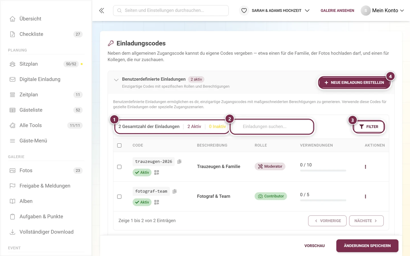 Werkzeugleiste der Einladungscodes mit Kennzahlen, Suchfeld, Filter-Knopf und Neue Einladung erstellen