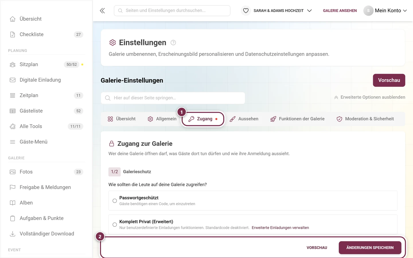 Reiterzeile der Einstellungen mit einem roten Punkt am Reiter Zugang und der Speicherleiste unten