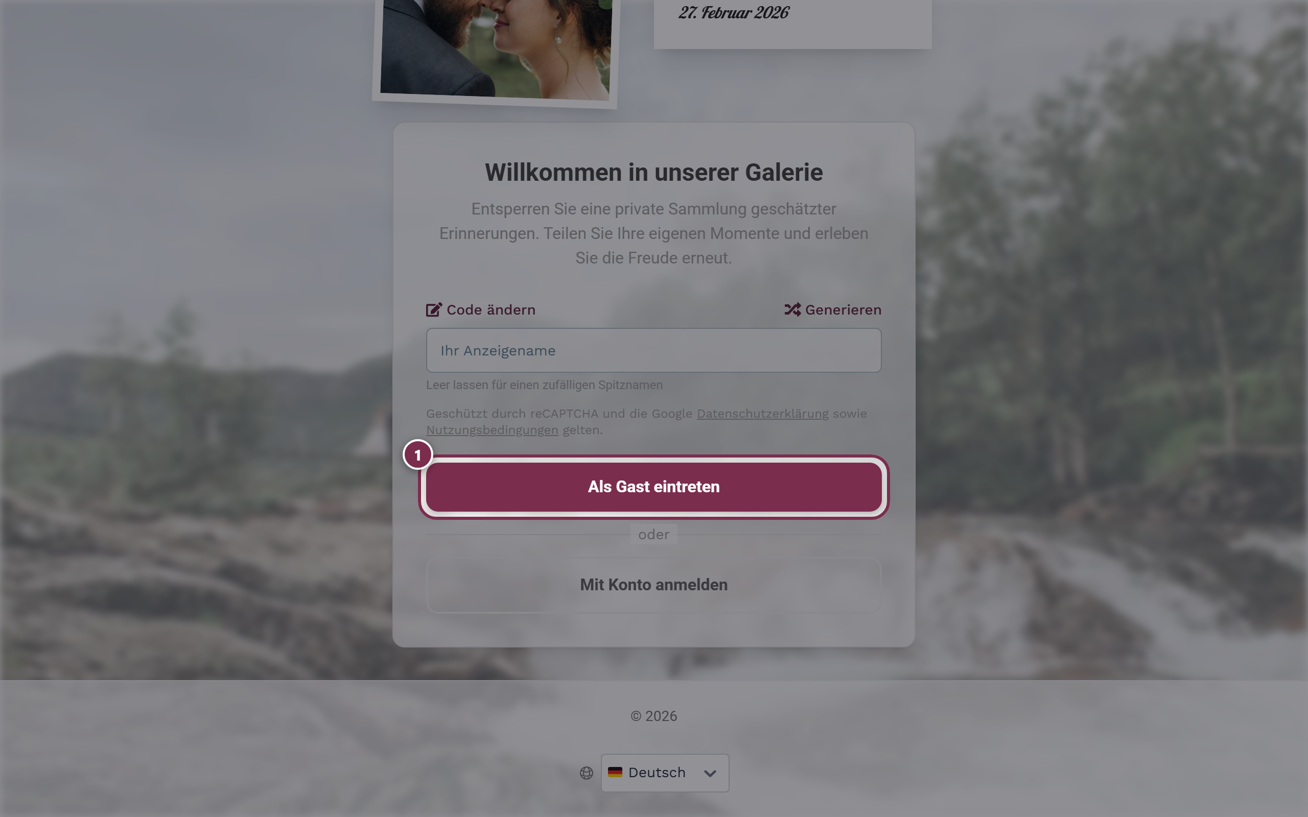 Eingabefeld für den Anzeigenamen mit markiertem Als Gast eintreten Button