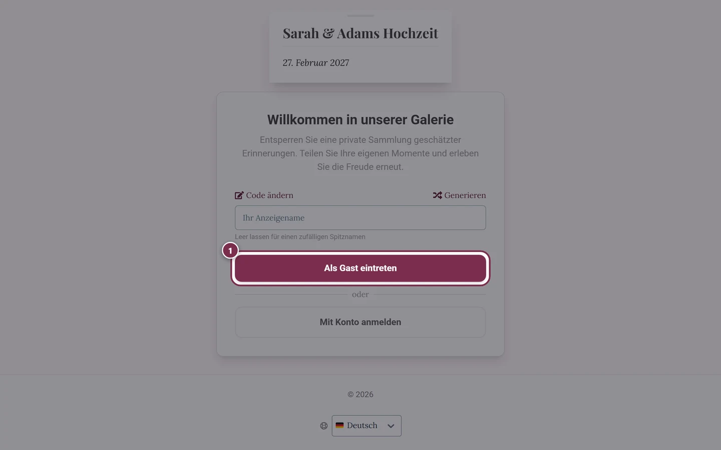 Eingabefeld für den Anzeigenamen mit markiertem Als Gast eintreten Button