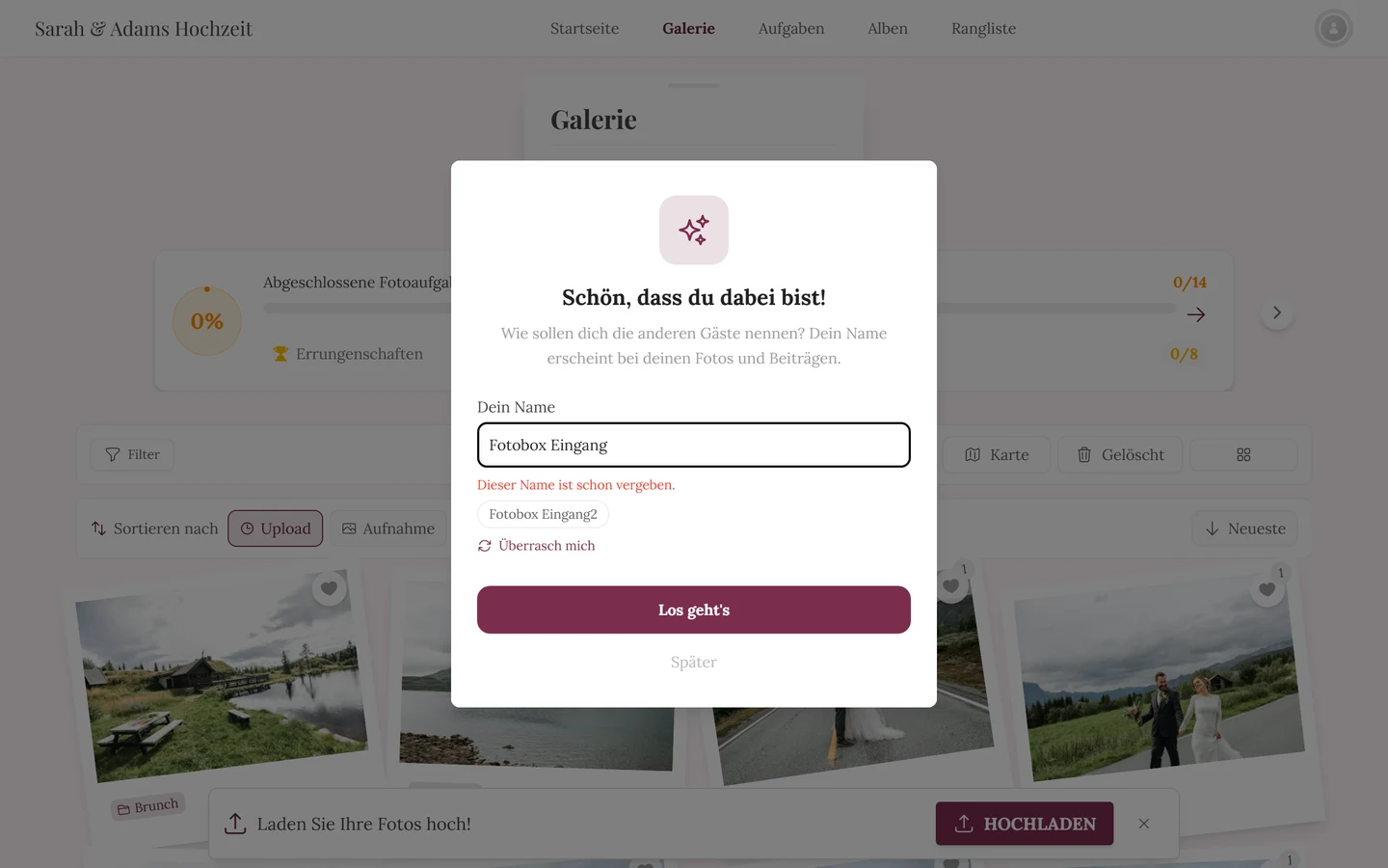 Derselbe Dialog mit dem roten Hinweis Dieser Name ist schon vergeben und dem Vorschlag Fotobox Eingang2 darunter