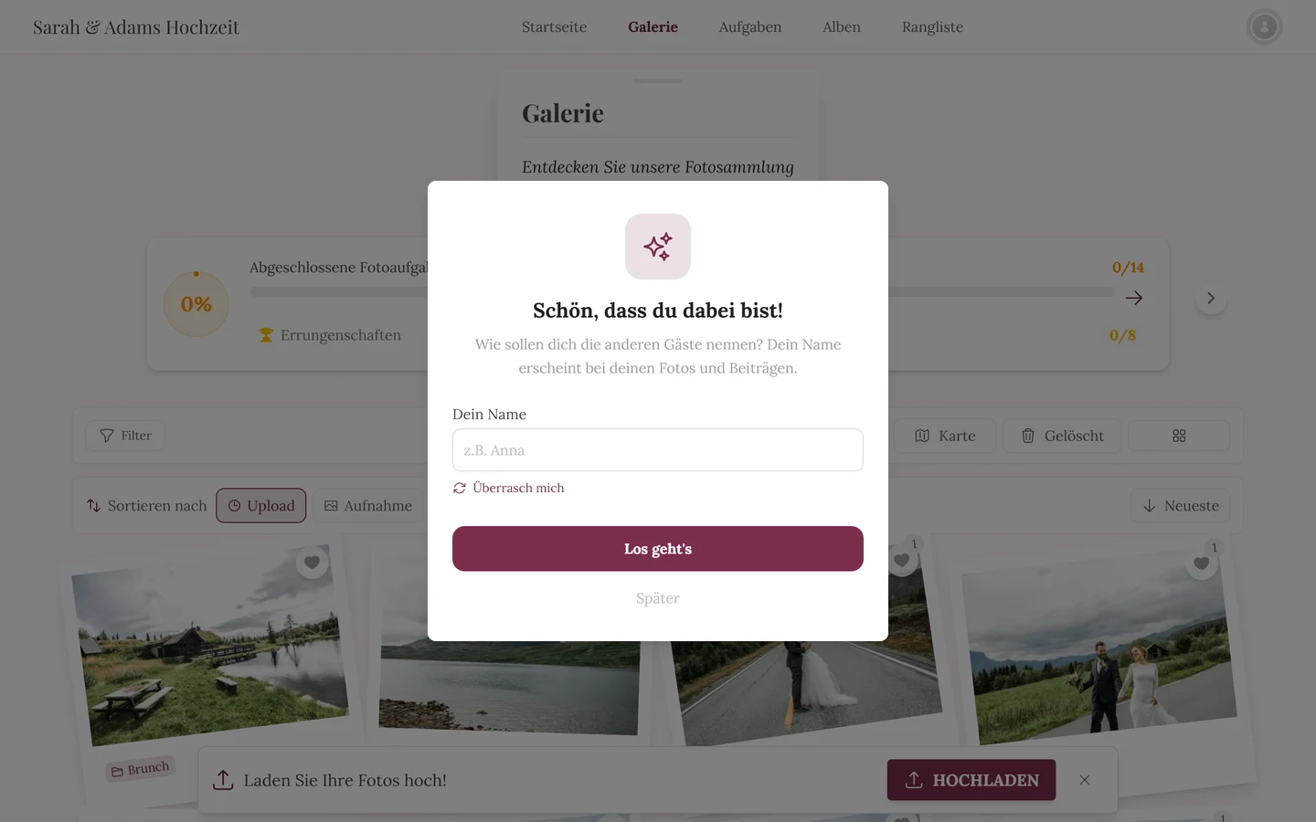 Dialog „Schön, dass du dabei bist!“ mit Funken-Symbol, dem Feld Dein Name, Überrasch mich, Los geht’s und Später