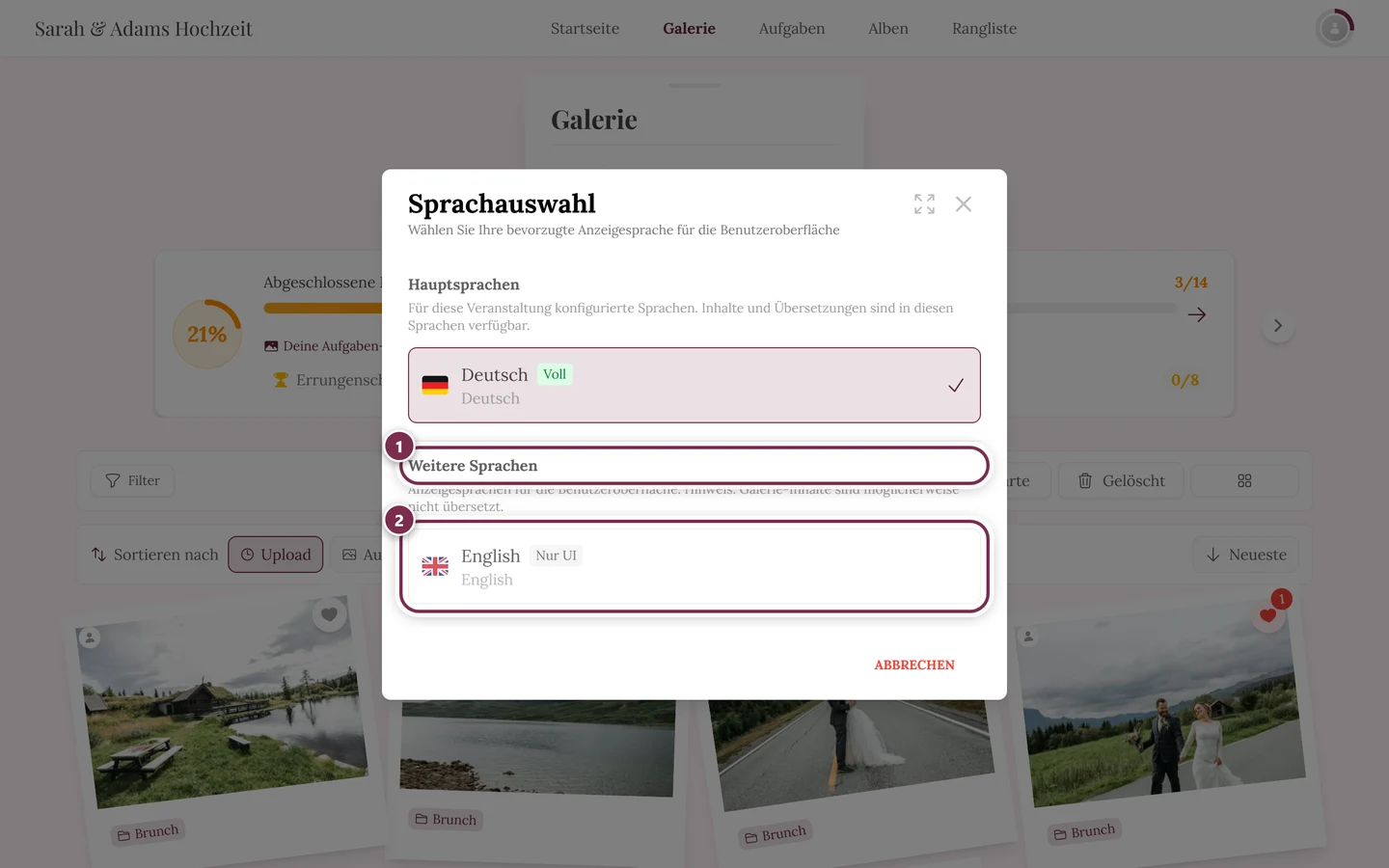 Sprachauswahl-Dialog, die Gruppe Weitere Sprachen und ein Eintrag mit dem Abzeichen Nur UI sind markiert