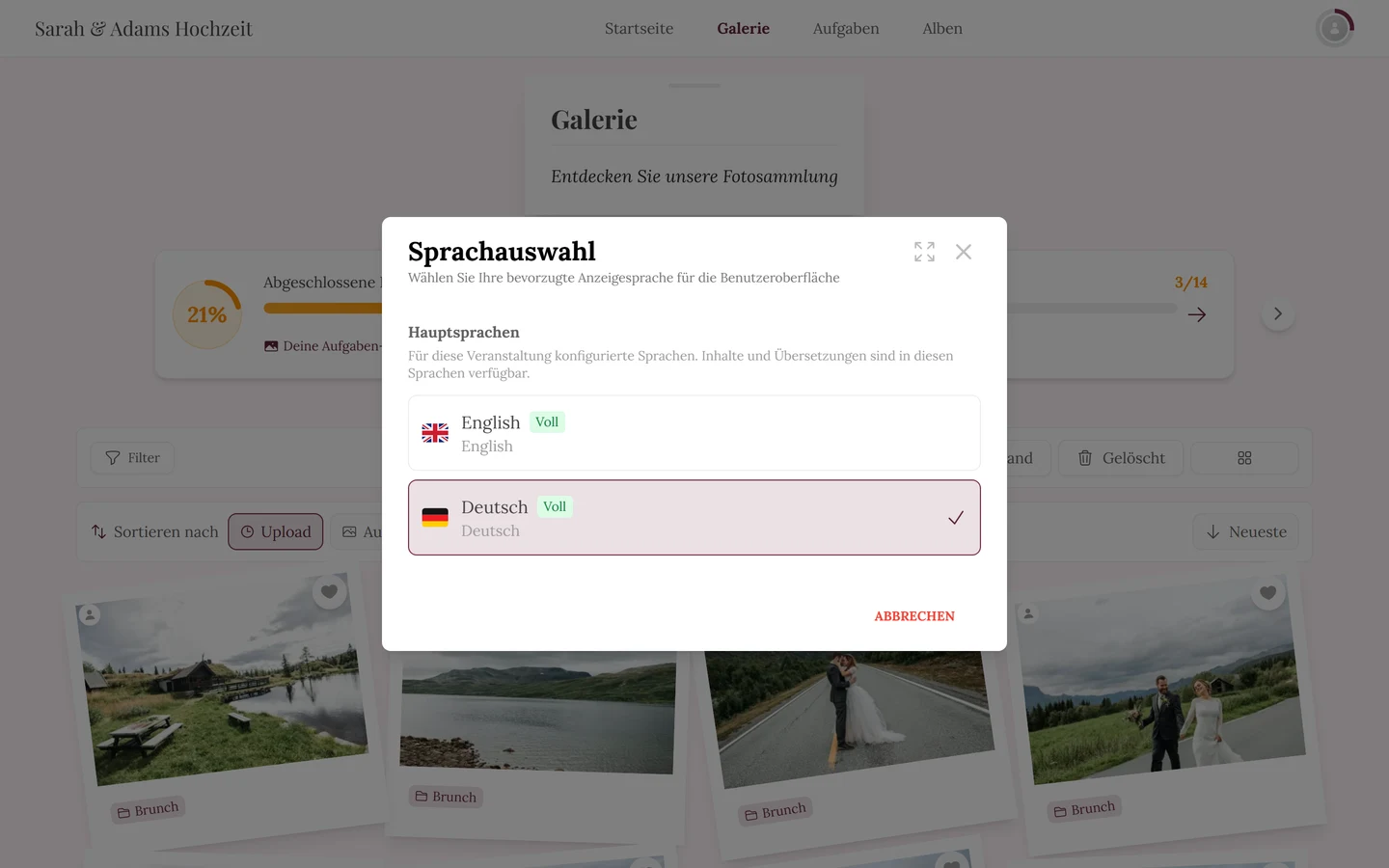 Dialog Sprachauswahl mit Hauptsprachen, Voll-Abzeichen und Häkchen bei der aktiven Sprache
