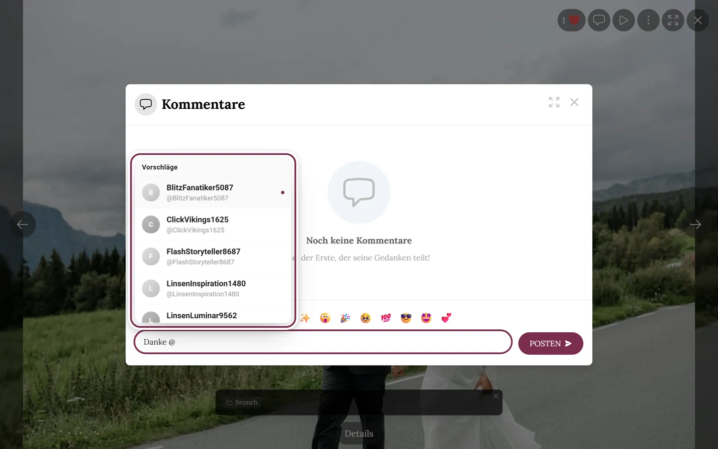 Kommentarfeld nach der Eingabe eines @, die Vorschlagsliste mit Namen ist markiert