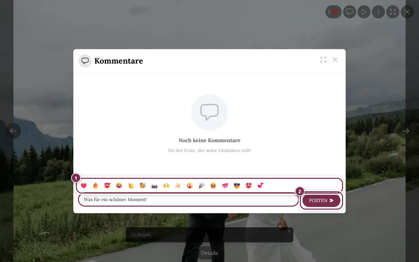 Kommentarbereich eines Fotos mit ausgefülltem Eingabefeld, Emoji-Leiste und Knopf Posten markiert