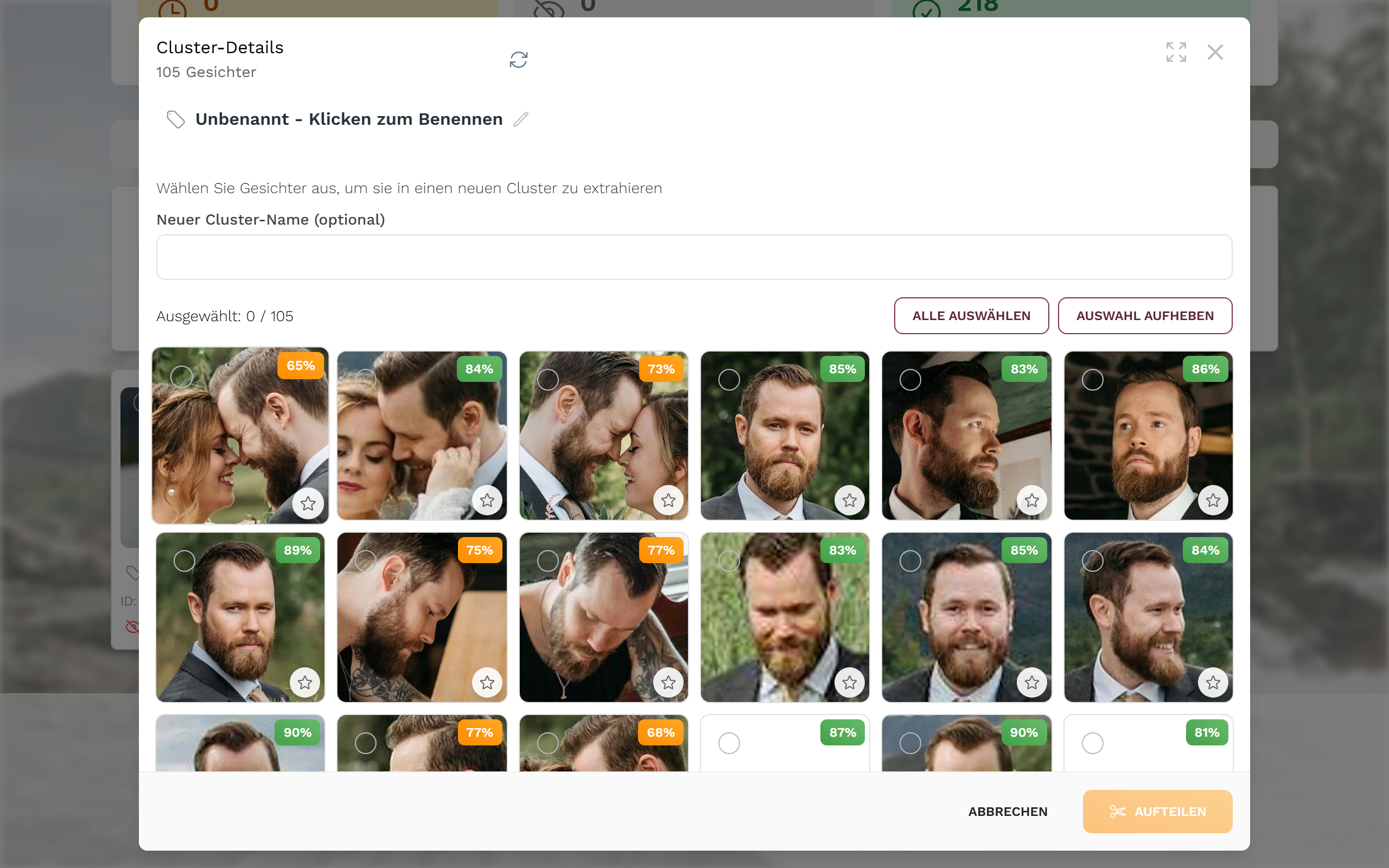 Dialog Cluster-Details mit auswählbaren Gesichtern, Konfidenz-Prozenten und den Buttons Aufteilen und Titelbild