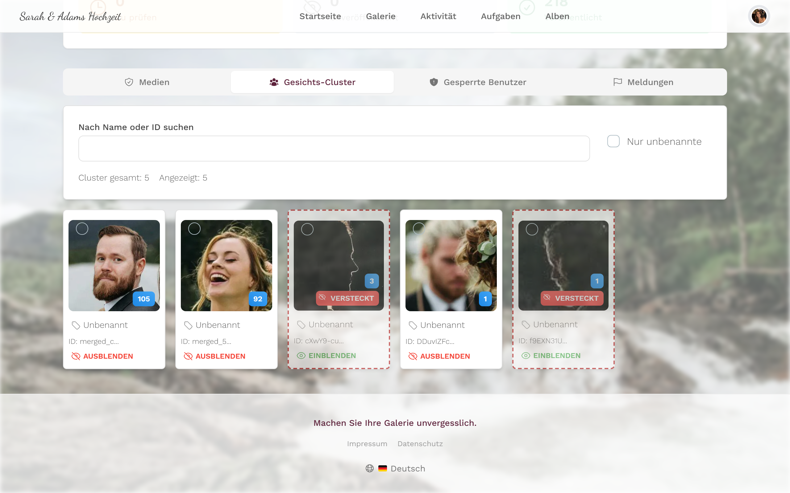 Gesichts-Cluster-Manager mit Suchfeld, Filter und Cluster-Kacheln