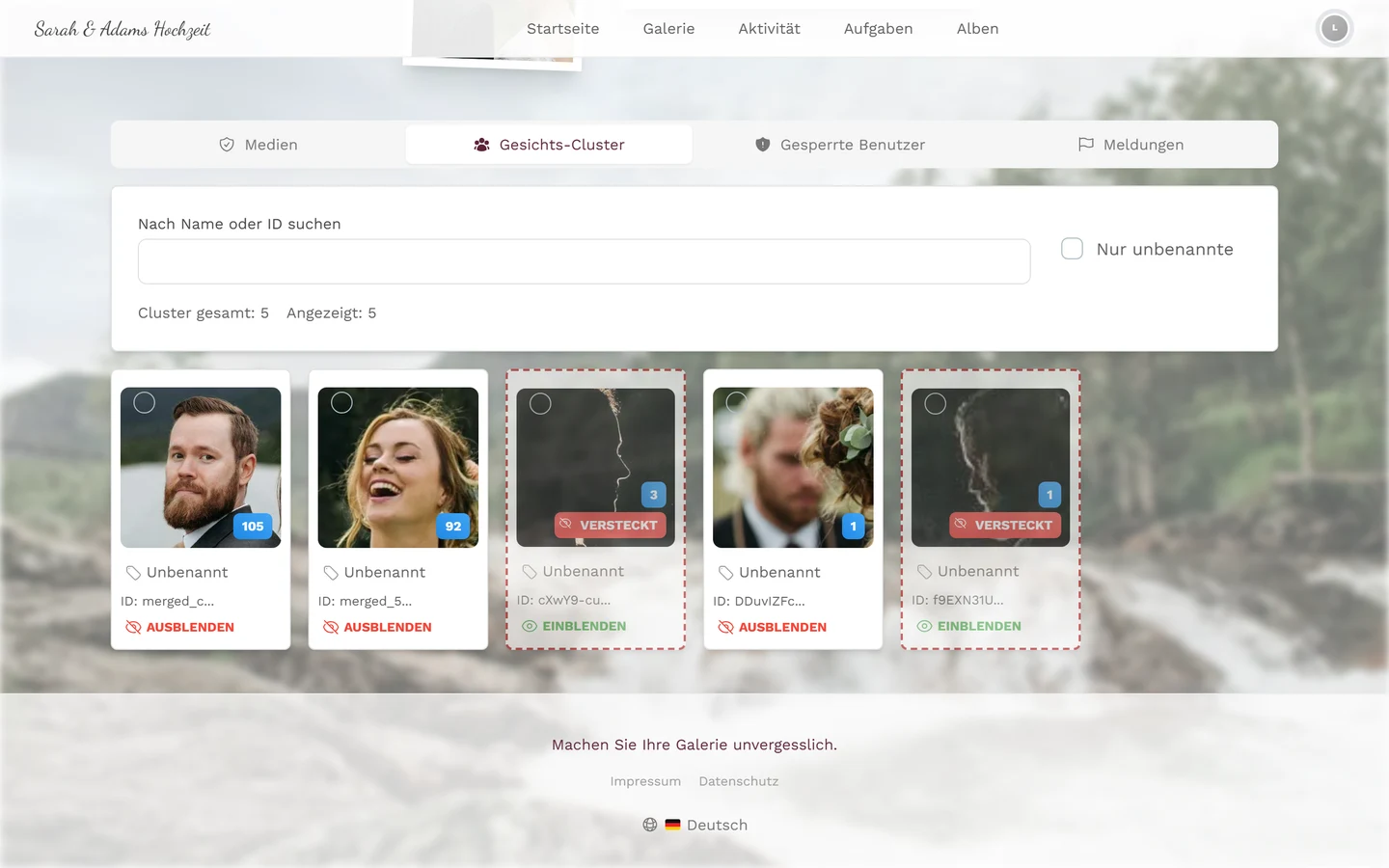 Cluster-Manager mit Suchfeld, Filter und den Gesichts-Gruppen als Kacheln