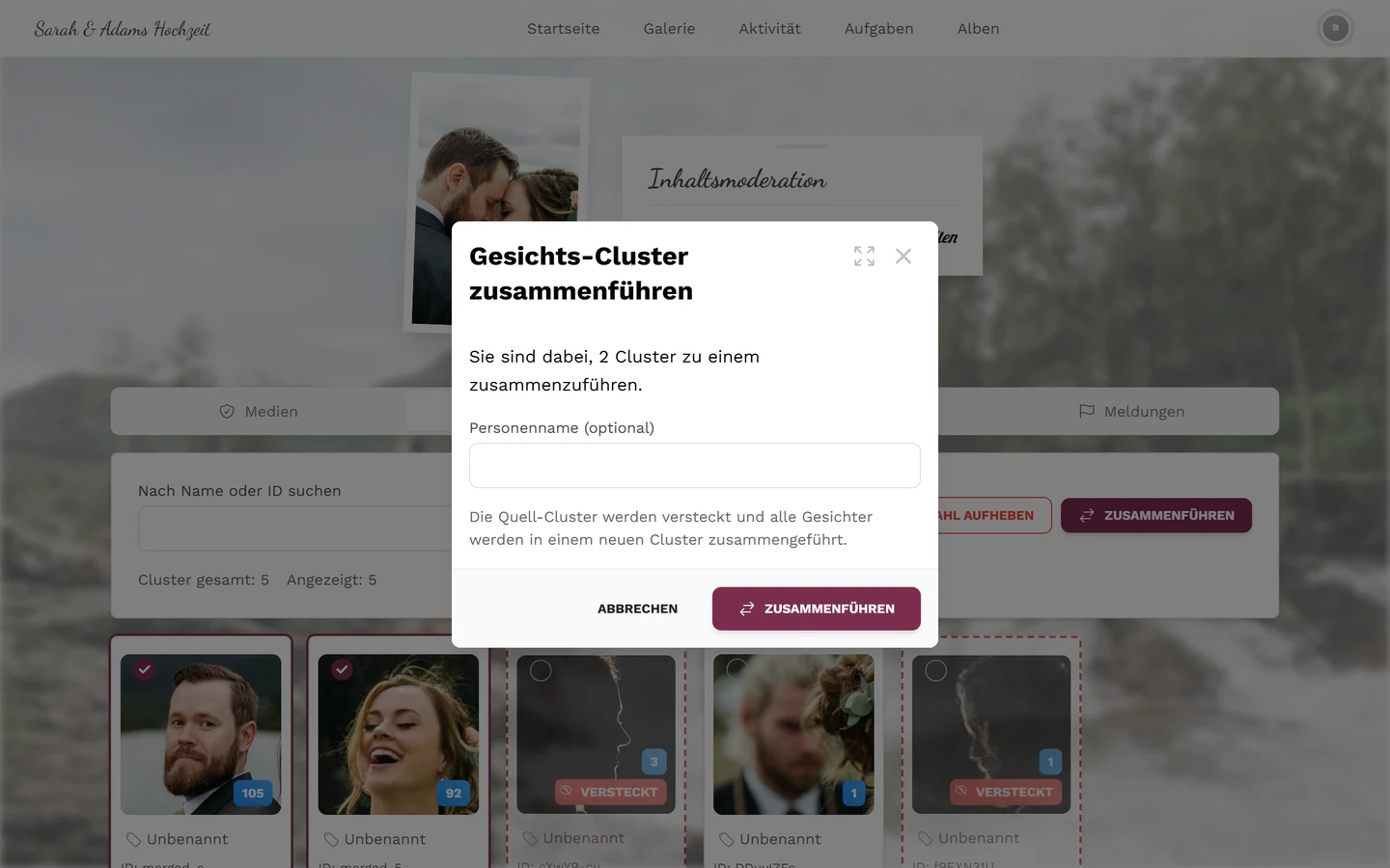 Dialog Gesichts-Cluster zusammenführen mit der Anzahl der Cluster, dem Feld Personenname (optional) und den Schaltflächen Abbrechen und Zusammenführen