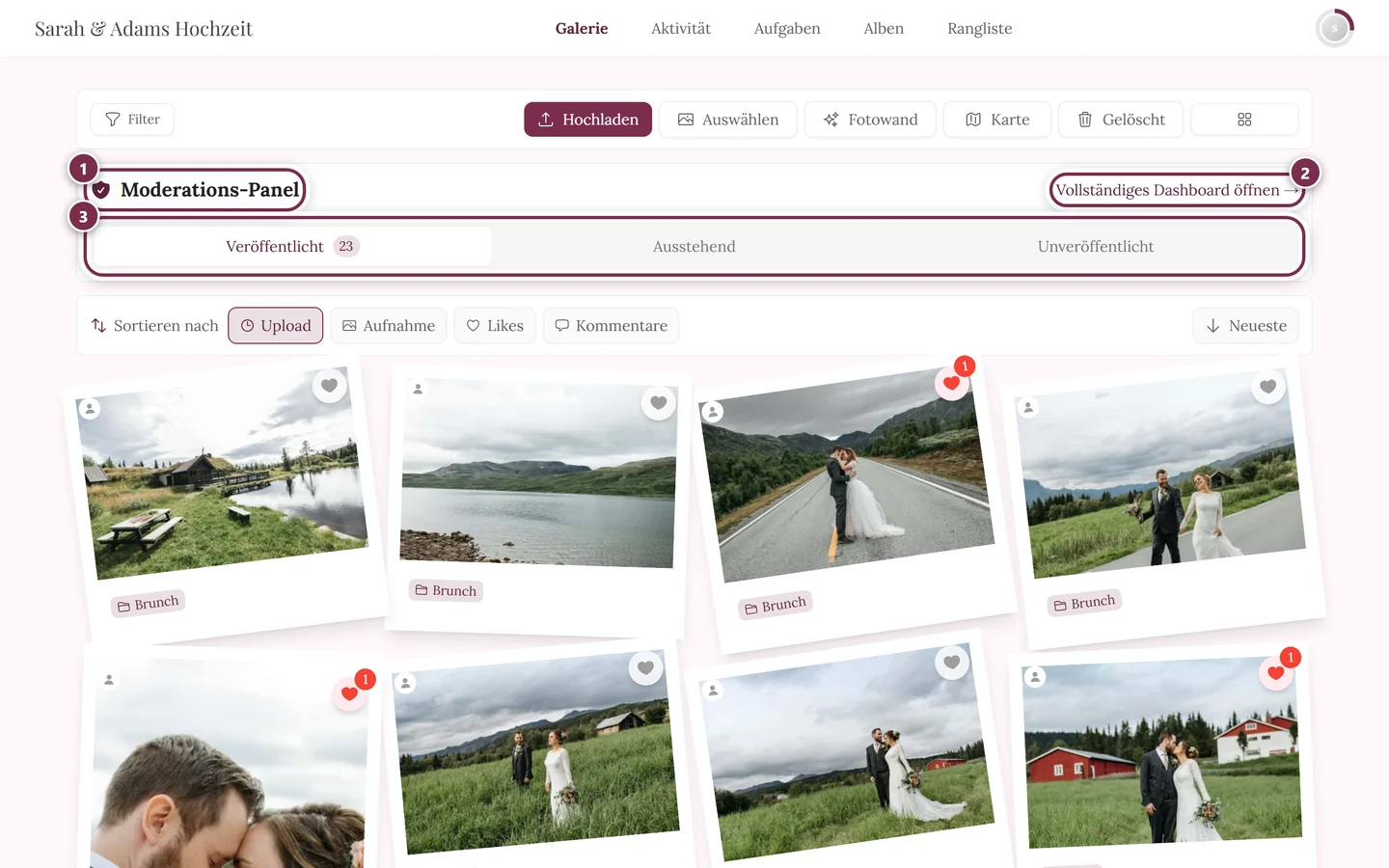 Moderations-Panel über dem Foto-Raster der Galerie am Desktop mit Überschrift, Dashboard-Link und Statusfilter