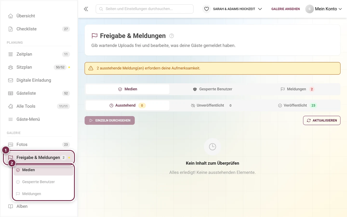 Seitenleiste des Admin-Bereichs mit markiertem Eintrag Freigabe und Meldungen und seinen Unterpunkten