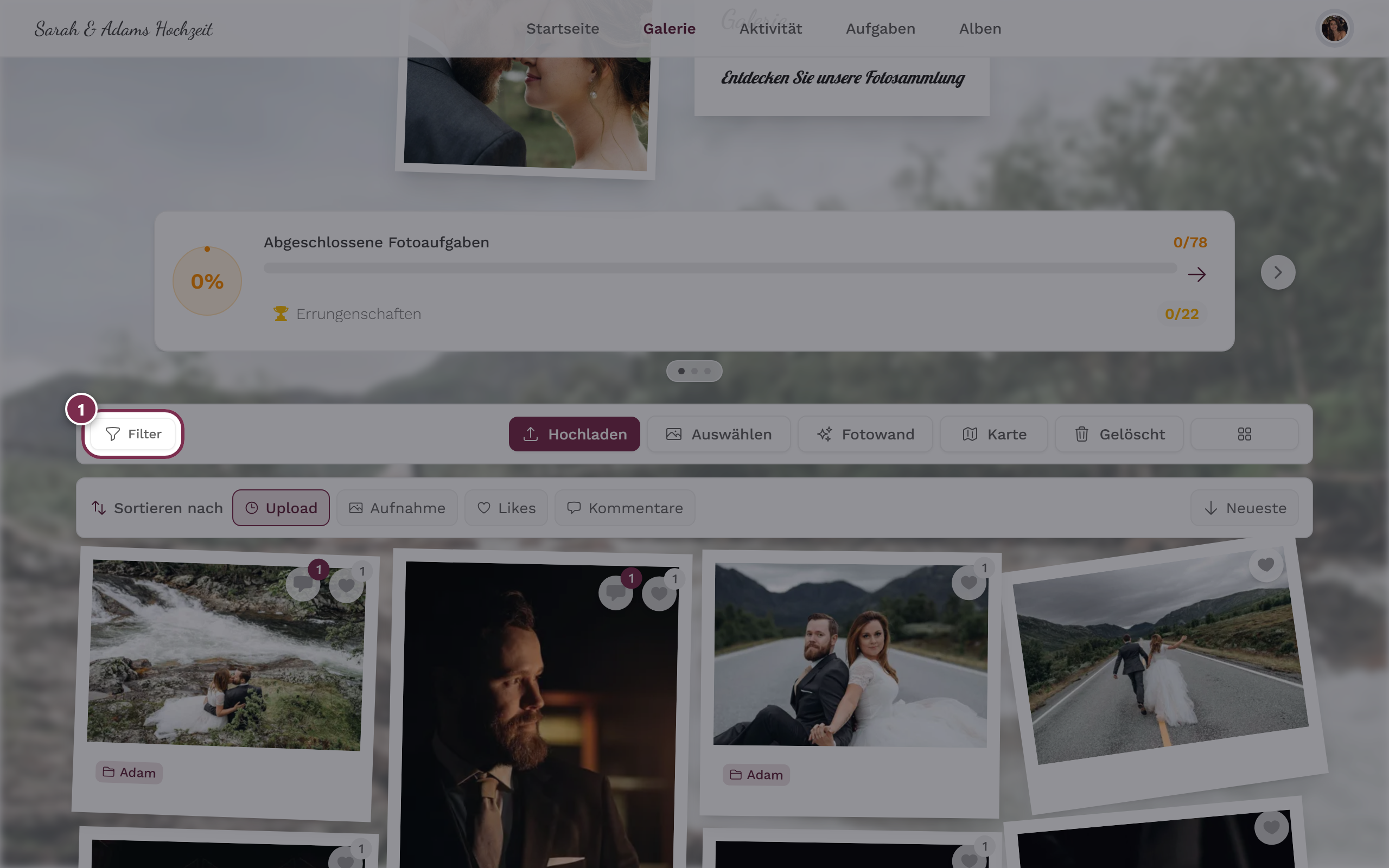 Galerie-Werkzeugleiste mit den Buttons Filter, Hochladen, Auswählen, Fotowand und Karte