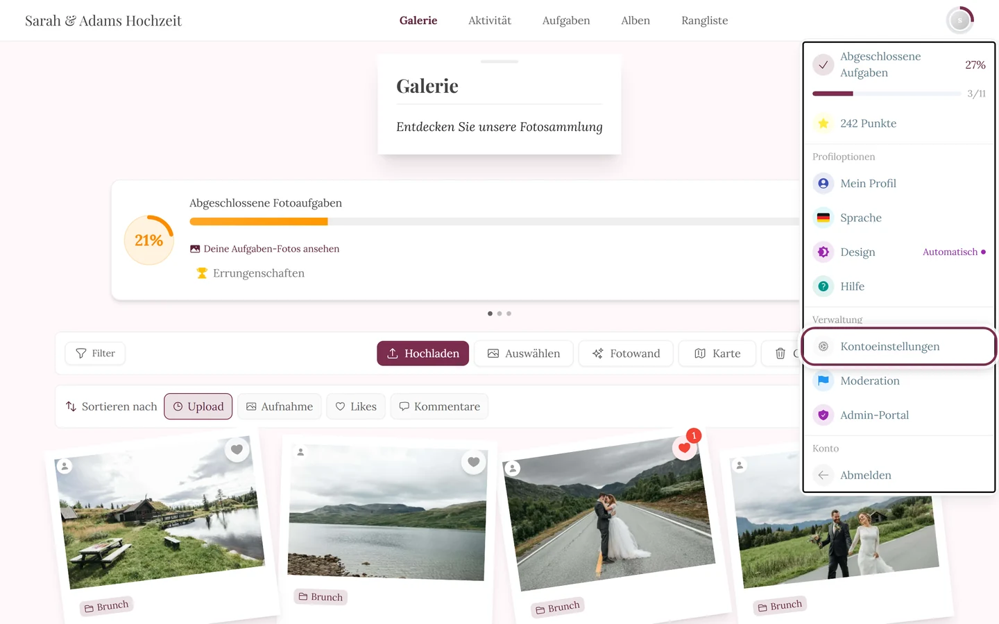 Profilmenü oben rechts, der Eintrag Kontoeinstellungen ist markiert