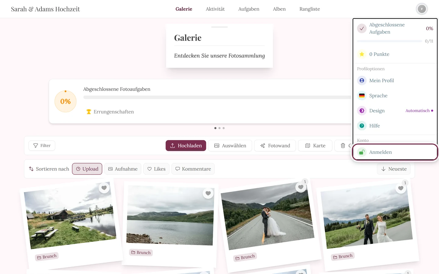 Profilmenü oben rechts geöffnet, der Eintrag Anmelden ist markiert