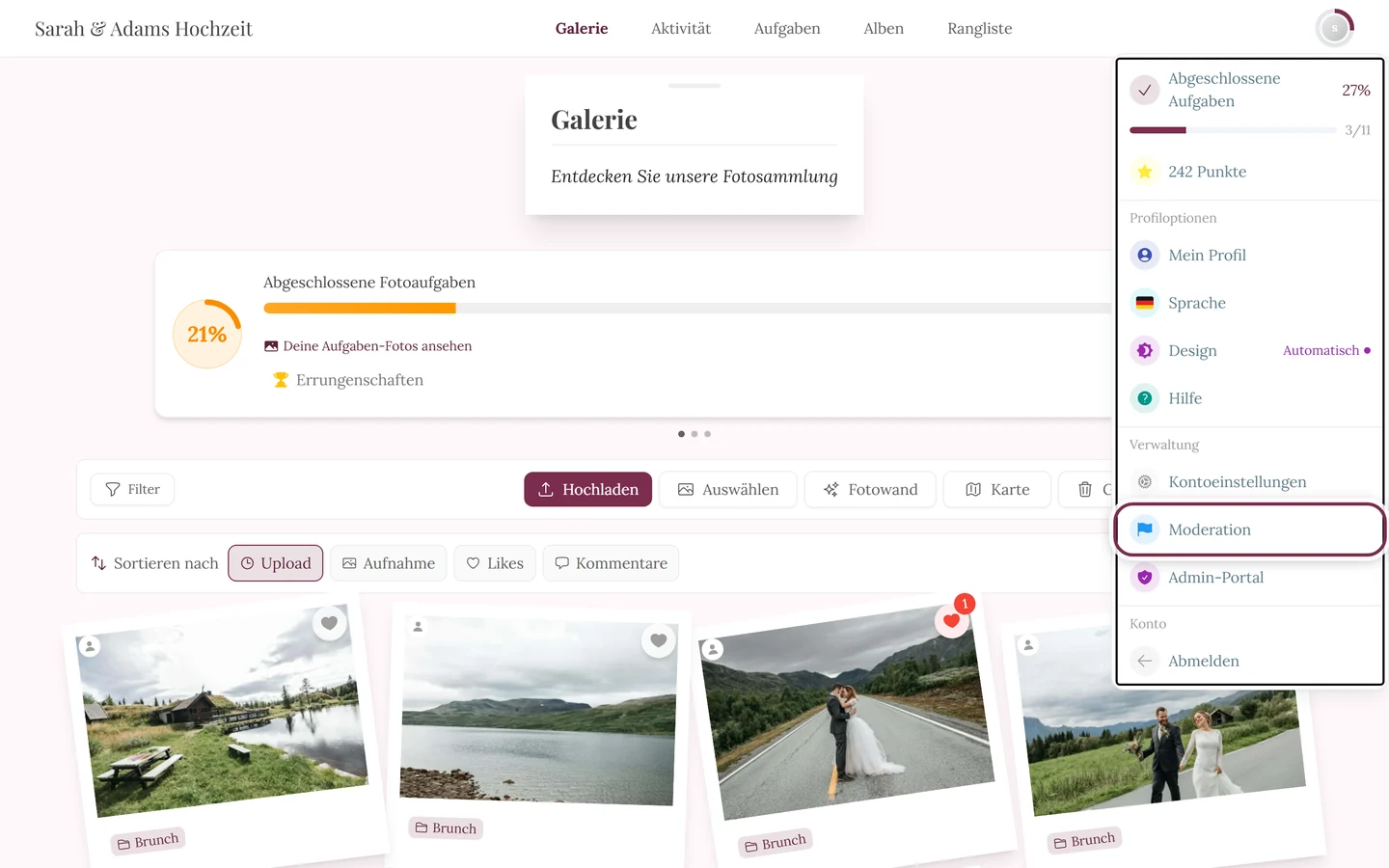 Geöffnetes Profilmenü oben rechts, der Eintrag Moderation ist markiert