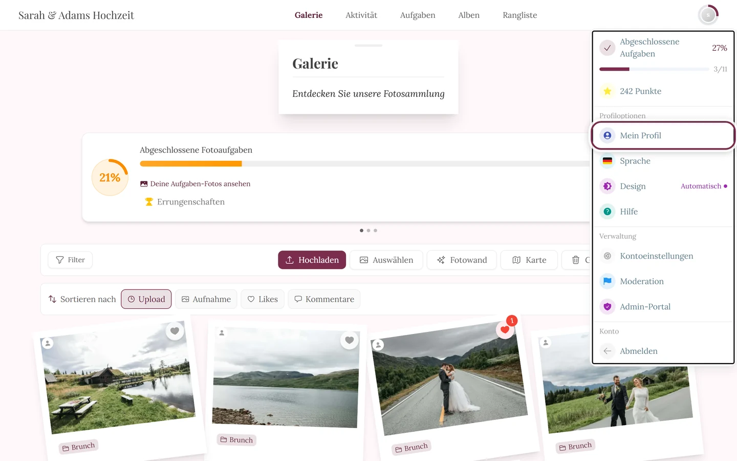Profilmenü oben rechts geöffnet, der Eintrag Mein Profil ist markiert