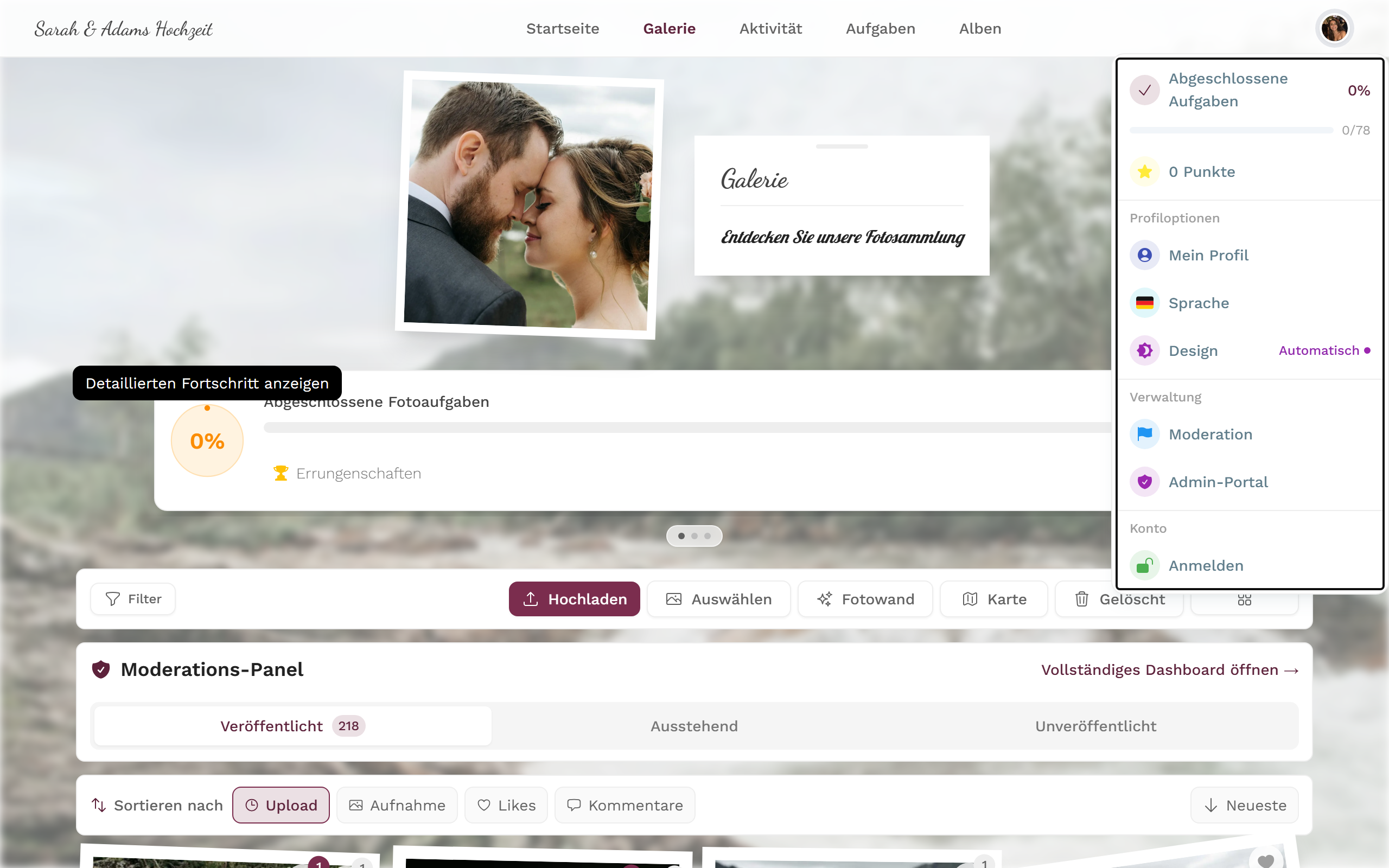 Geöffnetes Profil-Menü oben rechts mit Profiloptionen und Verwaltung